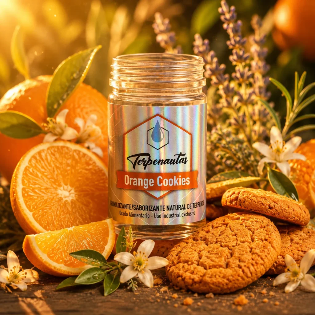 Frasco de terpenos Orange Cookies de Terpenautas rodeado de rodajas de naranja, galletas, flores y hojas aromáticas.