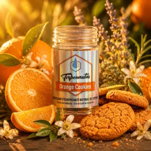 Frasco de terpenos Orange Cookies de Terpenautas rodeado de rodajas de naranja, galletas, flores y hojas aromáticas.