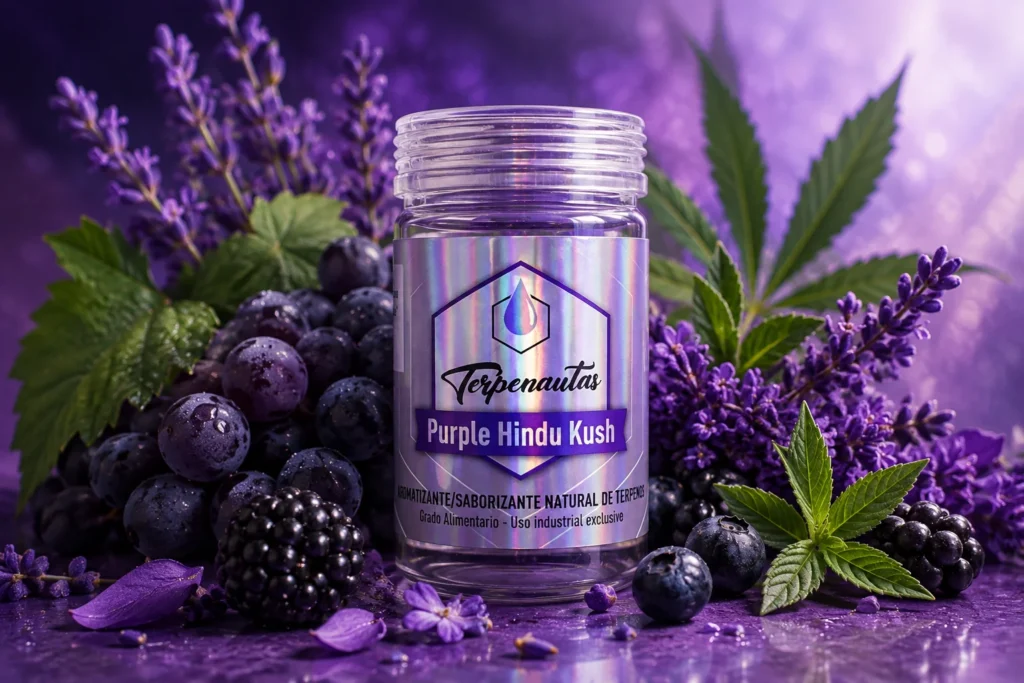 Terpenos Purple Hindu Kush de Terpenautas rodeados de lavanda, bayas oscuras, uvas y hojas verdes