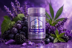 Terpenos Purple Hindu Kush de Terpenautas rodeados de lavanda, bayas oscuras, uvas y hojas verdes