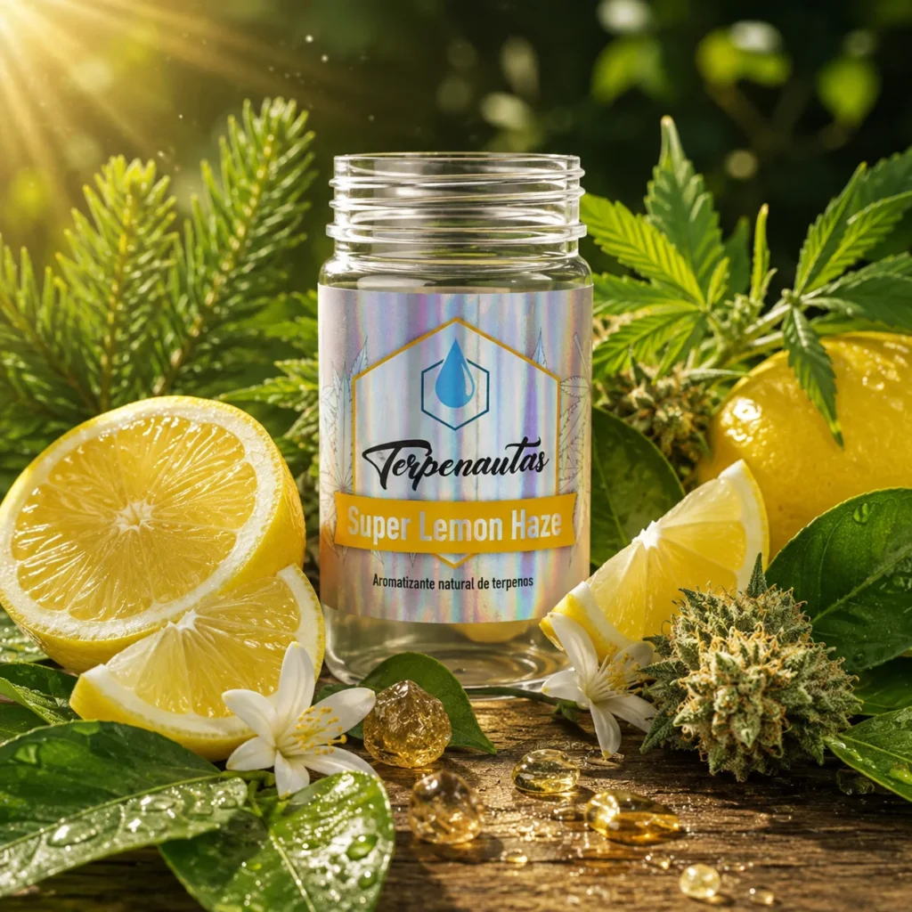 Frasco de terpenos Super Lemon Haze de Terpenautas rodeado de limones, hojas verdes, flores y elementos botánicos aromáticos.