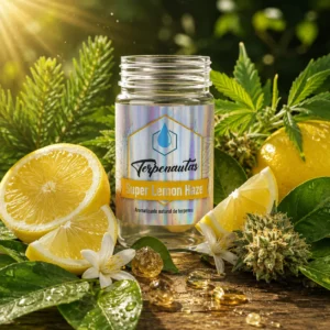 Frasco de terpenos Super Lemon Haze de Terpenautas rodeado de limones, hojas verdes, flores y elementos botánicos aromáticos.