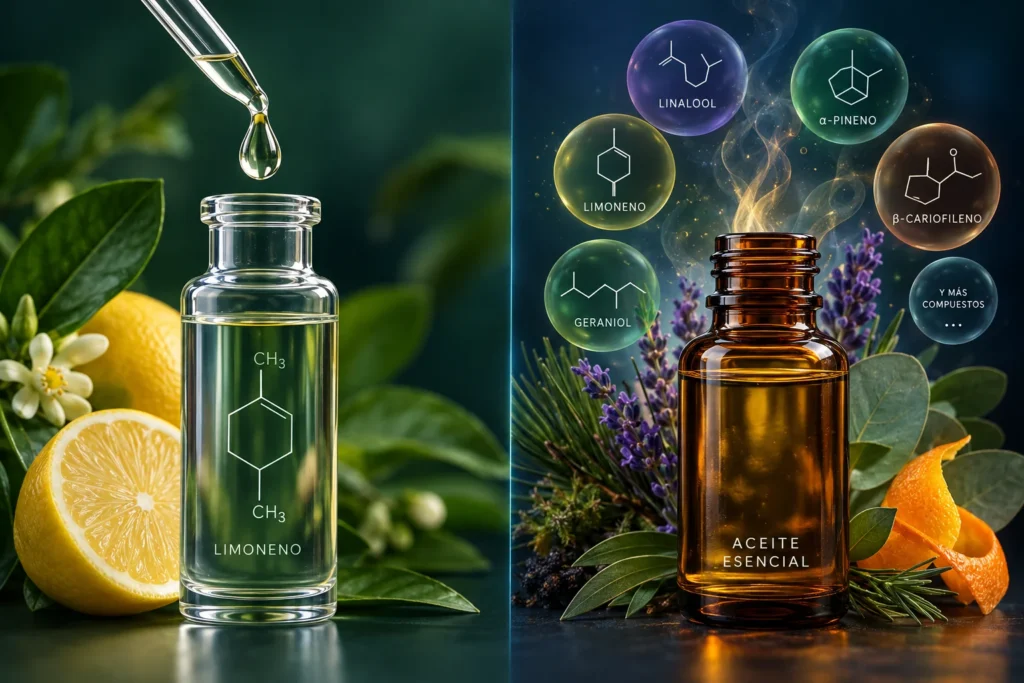 Comparación entre un terpeno de limoneno y un aceite esencial con múltiples compuestos aromáticos