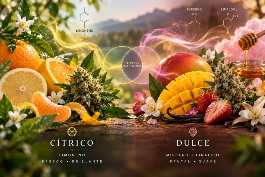 Comparación entre un perfil aromático cítrico y uno dulce según sus terpenos