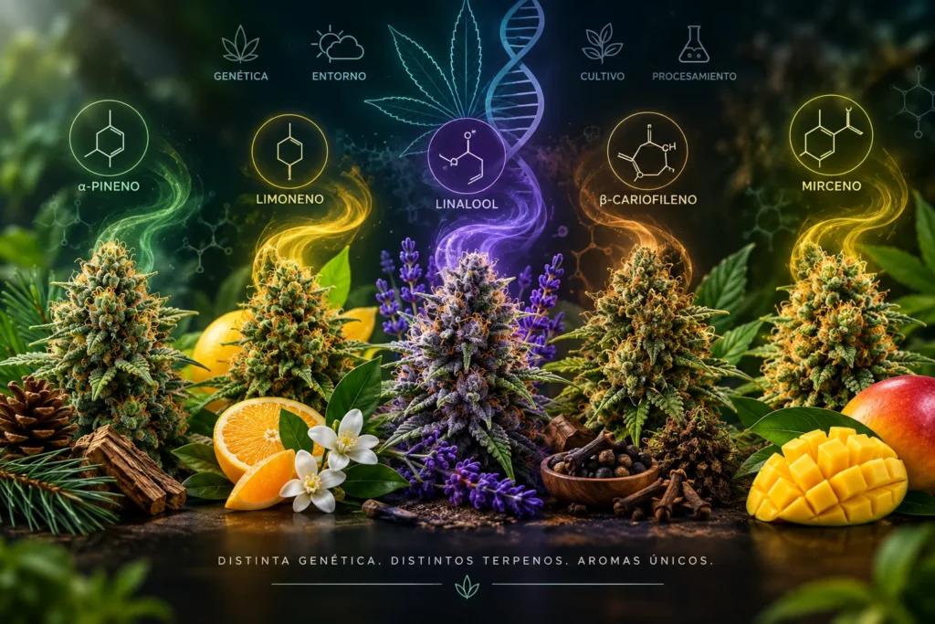 Diferentes variedades de cannabis con perfiles de terpenos y aromas únicos