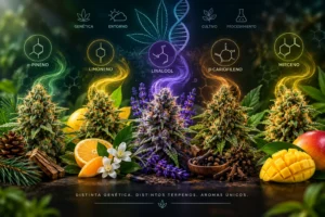 Diferentes variedades de cannabis con perfiles de terpenos y aromas únicos
