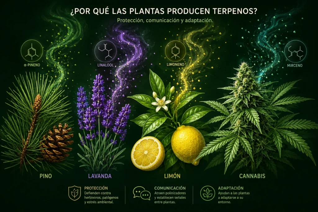 Infografía sobre por qué las plantas producen terpenos y su función en la protección, comunicación y adaptación