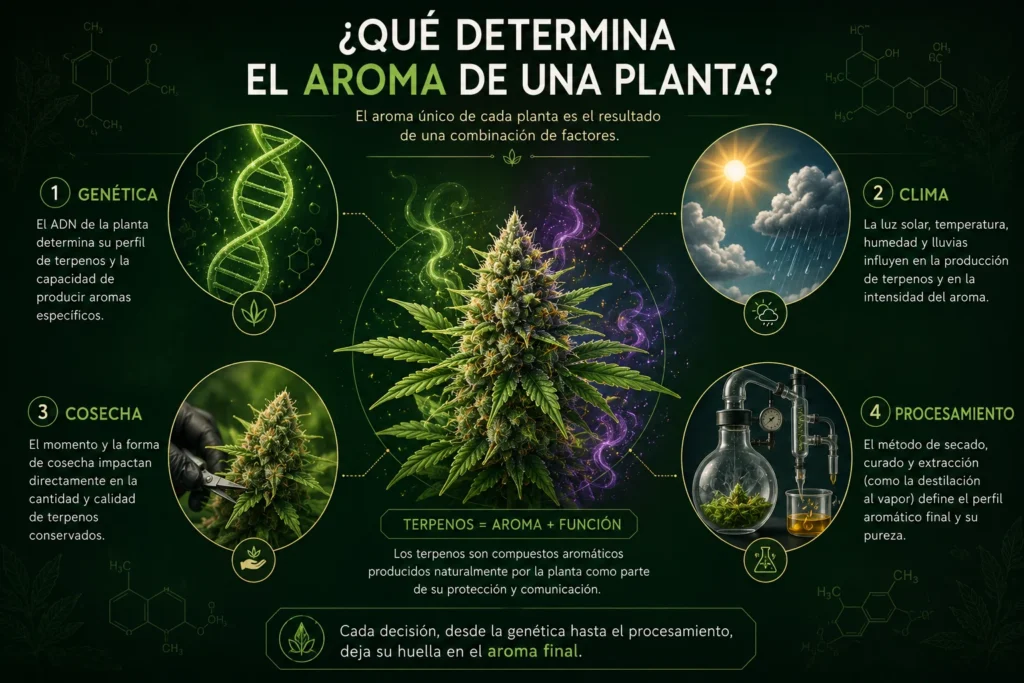 Factores que determinan el aroma de una planta: genética, clima, cosecha y procesamiento