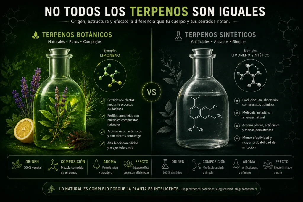 Comparación entre terpenos botánicos y terpenos sintéticos según su origen y composición